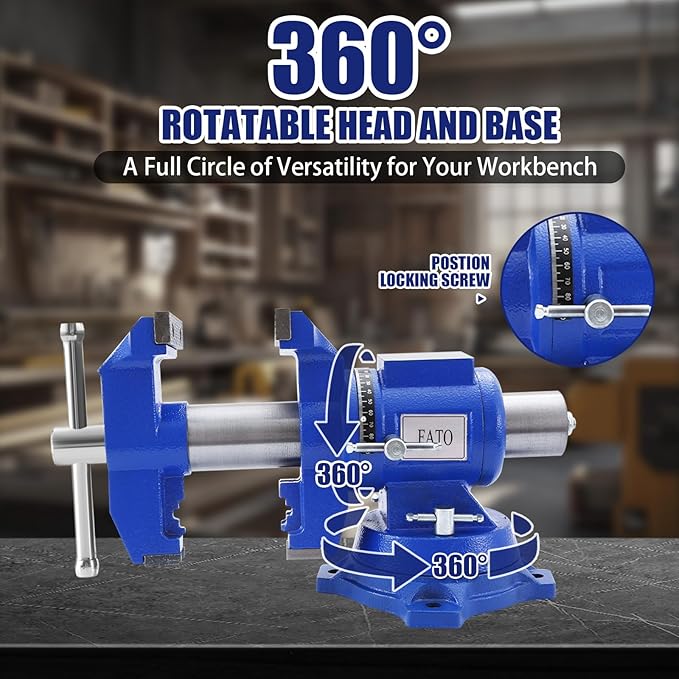 FATO Multipurpose Bench Vise 5 Inch Heavy Duty Ductile Iron 8800 Lbs Clamping Force, 360° Swivel Base, Anvil, Jaw Width 4.92", Jaw Opening 3.94", for Metalworking, Woodworking, DIY & Industrial, Blue