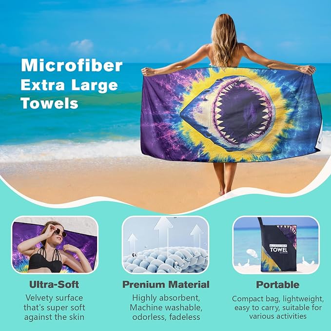 Tie Dye Shark Beach Towel Oversized 36" x 72", Thin Lightweight Sand Free Quick Dry Microfiber Towel for Swimming Pool Cruise Camping Travel