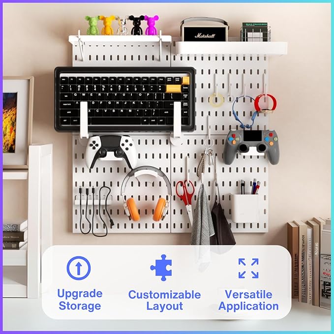 Keepo Pegboard Combination Kit, Modular Hanging Organizer with Pegboards, Accessories for Gaming Setup, Wall Game Controller Holder, Headset Stand (White, 22"22")