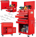 8-Drawer Rolling Tool Chest with Wheels - High Capacity Tool Cabinet with Detachable Top Toolbox for Garage and Workshop Organization - Metal Tool Cart with Liner & 6 Hooks, Red