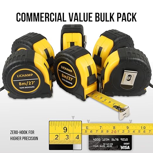Lichamp 27FT/8M SAE and Metric Tape Measure 6 Pack, Retractable and Easy Read Measuring Tape Bulk Set, Min 1/8 inch Fraction and 1mm Scale