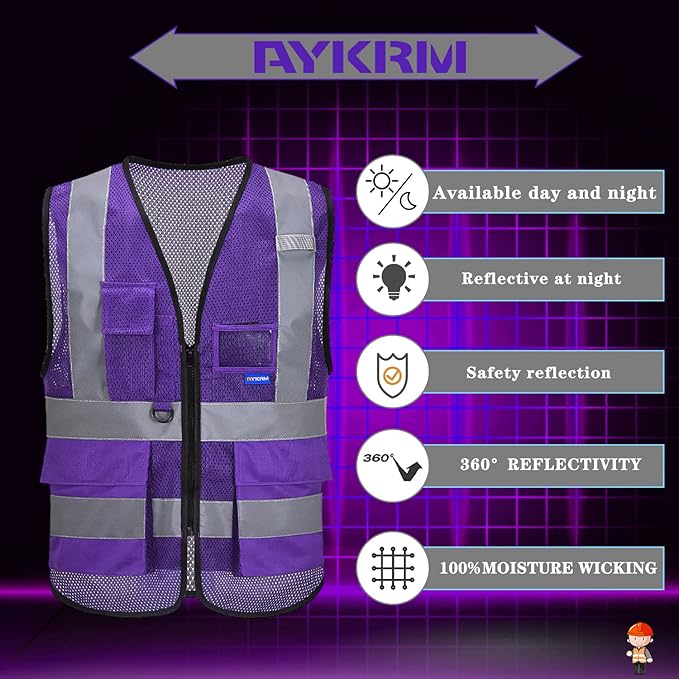 A-SAFETY 6XL 7XL 8XL Purple High Visibility Mesh Safety Reflective Vest with Pockets and Zipper(Purple Mesh 6XL-8XL)