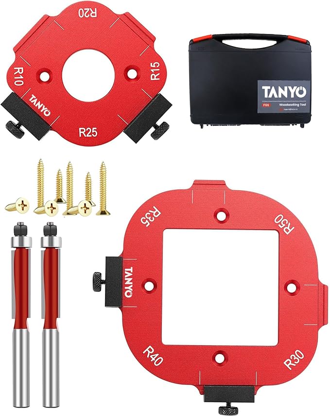TANYO Router Corner Radius Template, Plastic Box Router Jig with 8 Radius, Aluminum Alloy Router Templates for Woodworking R10/R15/R20/R25/ R30/R35/R40/R50