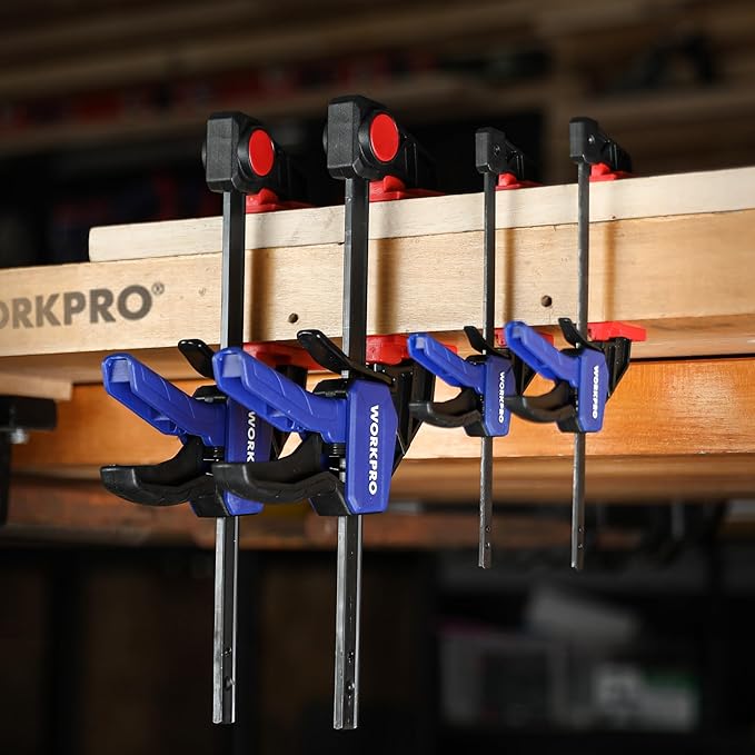 WORKPRO Mini Bar Clamps for Woodworking, 6"(2) and 4-1/2"(2), 4-Piece One-Handed Clamp/Spreader, Light-Duty Quick-Change F Clamp with 150lbs Load Limit Blue