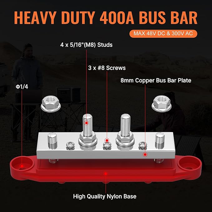 Joinfworld 400A Power Distribution Block 12V Bus Bar with 4 x 5/16"(M8) Studs Battery Bus Bar 48V DC Marine Terminal Block for Automotive Car Solar - Negative&Positive
