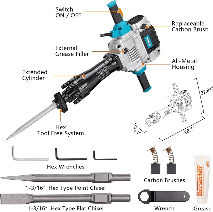 Berserker 2100W 50-Pound Demolition Jack Hammer with 1-3/16" Hex, 17-Amp Corded Electric Heavy Duty Demo Chipping Hammer Concrete/Pavement Breaker with Carrying Case Flat Chisel Bull Point Chisel