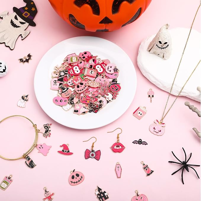 SANNIX 110Pcs 55 Pairs Pink Halloween Charms Bulk Cute Enamel Jewelry Charm | - Image 3