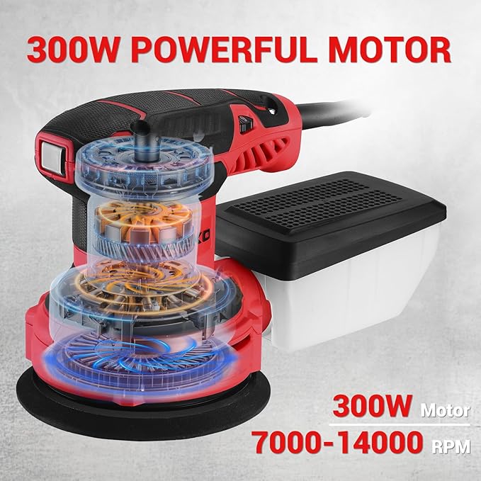 Orbital Sander Corded Hand Sander: DEKOPRO 5" Random Orbital Sander with Dust Box, 6 Various Speeds Electric Palm Sander with Dust Box, 16Pcs Sandpapers for Woodworking & Sanding (Red)