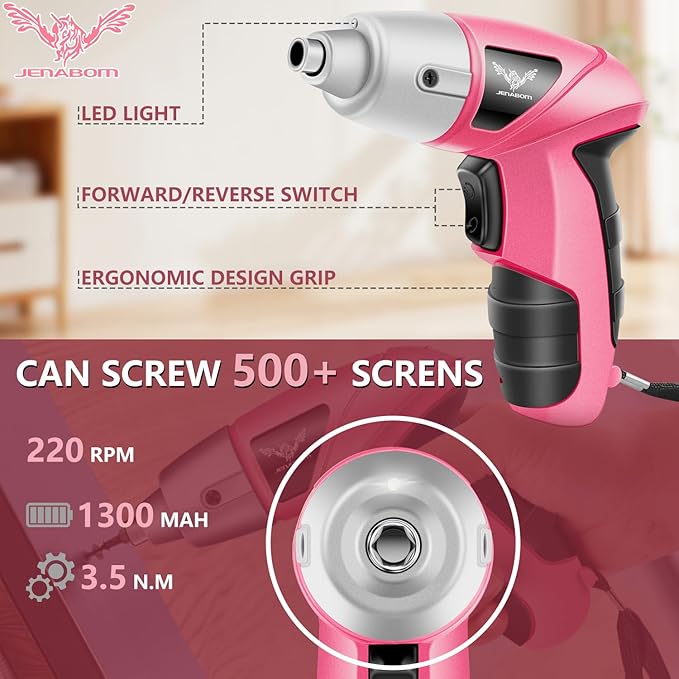 Cordless Screwdriver Rechargeable, Electric Screwdriver Cordless 24pcs, USB Small Power Screwdriver Set with LED light for Women, Pink