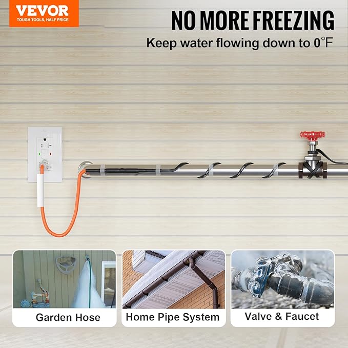 VEVOR Self-Regulating Pipe Heating Cable, 9FT 5W/FT Heat Tape for Pipes Freeze Protection, Water Pipe Heat Cable with Built-in Thermostat Protects PVC Hose, Metal and Plastic Pipe from Freezing