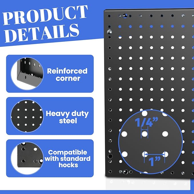 Heavy Duty 4 Panel Metal Peg Board with 32 Sturdy Hooks, Wall Pegs for Garage Organization, Garden Tools, Peg Board Organizer Accessories(Black,32" X 24")