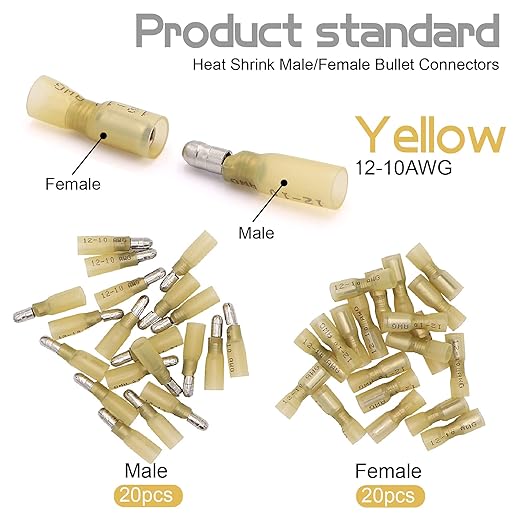 120PCS Heat Shrink Bullet Connectors Kit,Waterproof Electrical Female & Male Bullet Butt Terminals(12-10AWG,14-16AWG,18-22AWG)