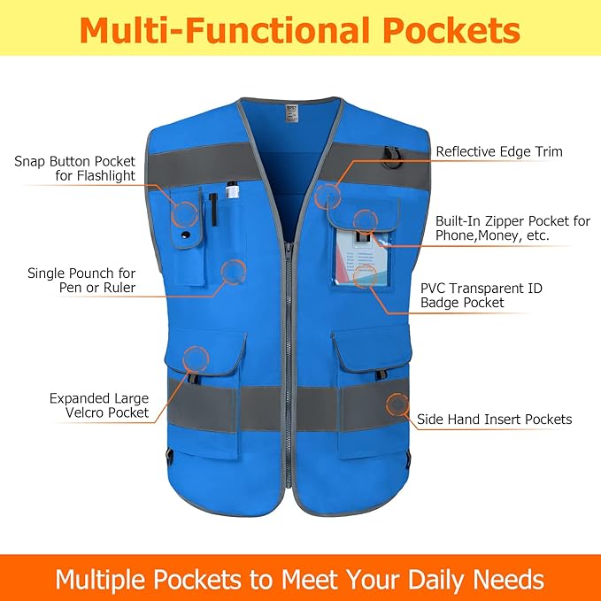 TCCFCCT Reflective Vest 9 Pockets High Visibility Safety Vest for Men Women, Hi Vis Construction Vest with Reflective Strips, Meets ANSI/ISEA Standards, (Blue, Small)