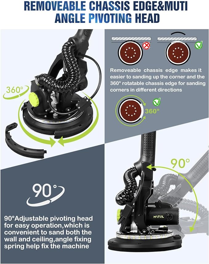 Drywall Sander, 7.2A Electric Drywall Sander with Vacuum Dust Collection, LED Light, 6 Variable Speed Digital Display 900-1800RPM, Foldable & Extendable Handle, 9 Sanding Discs&3 Grid Sandpaper