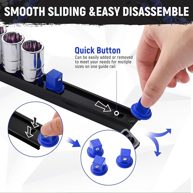 Magnetic Socket Organizer, 1-Piece Heavty Duty ABS Socket Holder, Socket Rail for Tool Box, Premium Quality 360° Swivel Socket Rack with 14 Clips for 3/8-Inch(Blue)
