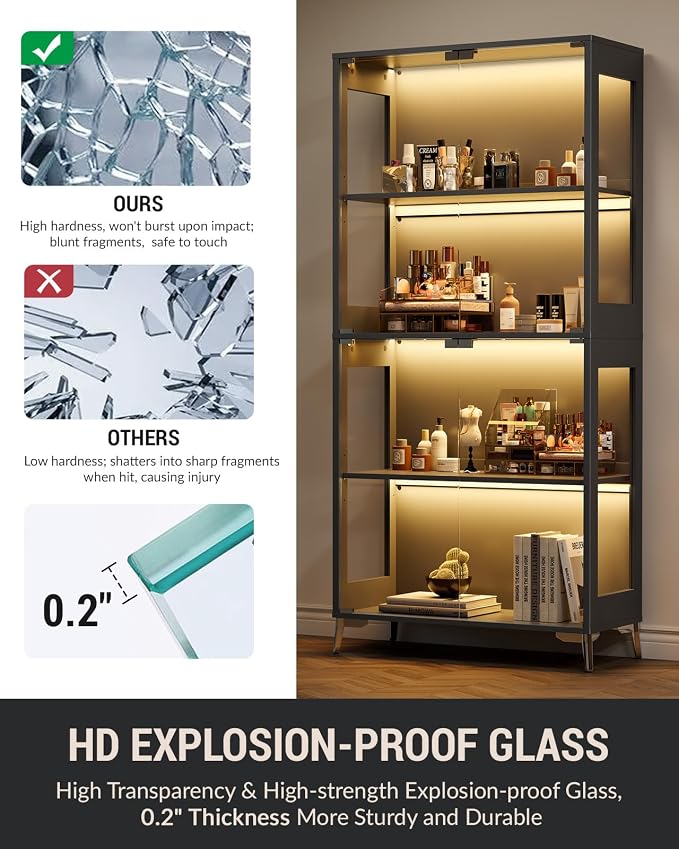 Glass Display Cabinet with Doors, 4-Tier Display Case with Adjustable Shelves - Image 5