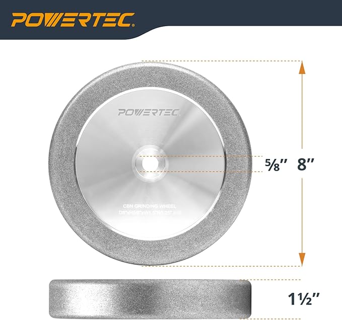 POWERTEC CBN Grinding Wheel 8 Inch 80 Grit, 1-1/2" Wide, 5/8" Arbor – 4-in-1 CBN Sharpening Wheel with 1/4" Radius Edge and Side Face for Bench Grinder (15707)