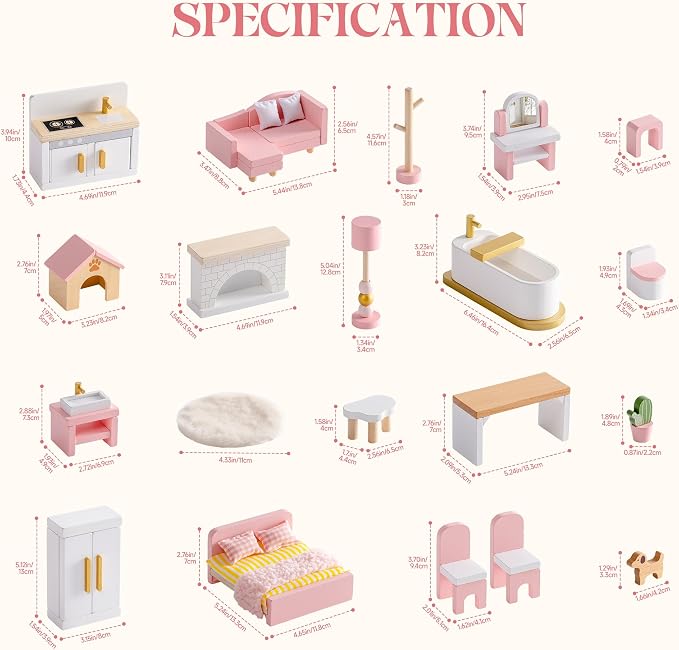 ROBOTIME Wooden Dollhouse Furniture Set, Dollhouse Accessories and Pretend Play - Image 6