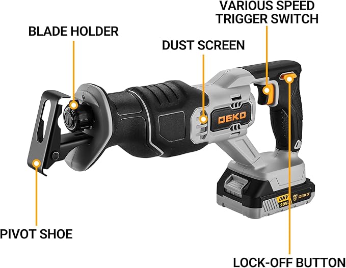 Cordless Reciprocating Saw: DEKOPRO 20V Lithium Ion Power Reciprocating Saw with Battery and Charger, Variable Speed Trigger, 25/32" Stroke Length, 0-2800RPM and 4-5/16" Max for Wood, Metal, PVC