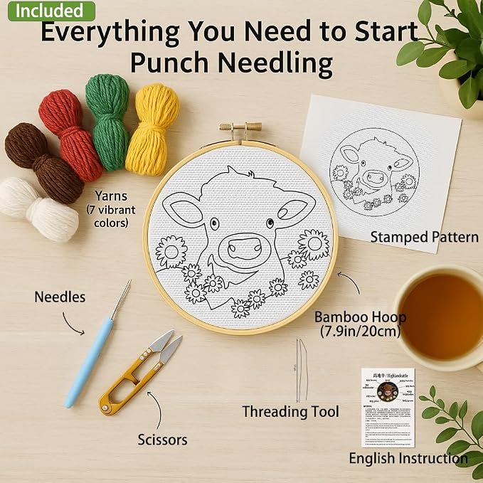Minlend DIY Punch Needle Kit for Beginners – Highland Cow & Daisies Embroidery - Image 2
