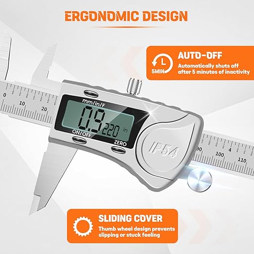 HARDELL Digital Caliper, IP54 Waterproof Caliper Measuring Tool with 3-Batteries & Extra Cover, All Stainless Steel Vernier Caliper Digital Micrometer, Inch/MM/Fraction for DIY/Household/3D-printing
