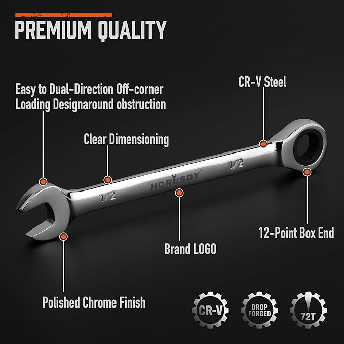HORUSDY 24-Piece Ratcheting Wrench Set | Metric and SAE | Ratchet Combination Wrenches Set with Organizer | 72-Tooth | Chrome Vanadium Steel | 6-18 mm & 1/4” to 3/4“ (24-Piece)