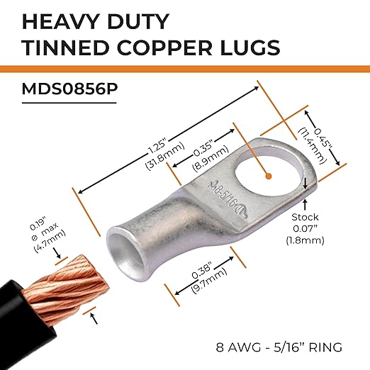 SELTERM 10pcs 8 AWG-5/16 Stud Tinned Copper Wire Lugs, Heavy Duty Battery Cable Ends,8 Gauge Ring Terminals, UL Battery Lugs Marine Grade Copper Eyelets Electrical Battery Terminal Connectors