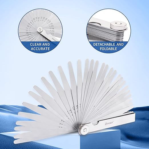 Dasqua 32 Blades Feeler Gauges 0.03-1.00mm Tapered Feeler Gauge Set Stainless Steel Thickness Gauges Dual Marked SAE and Metric Narrow Feeler Gauge for Measuring Gap Width or Thickness