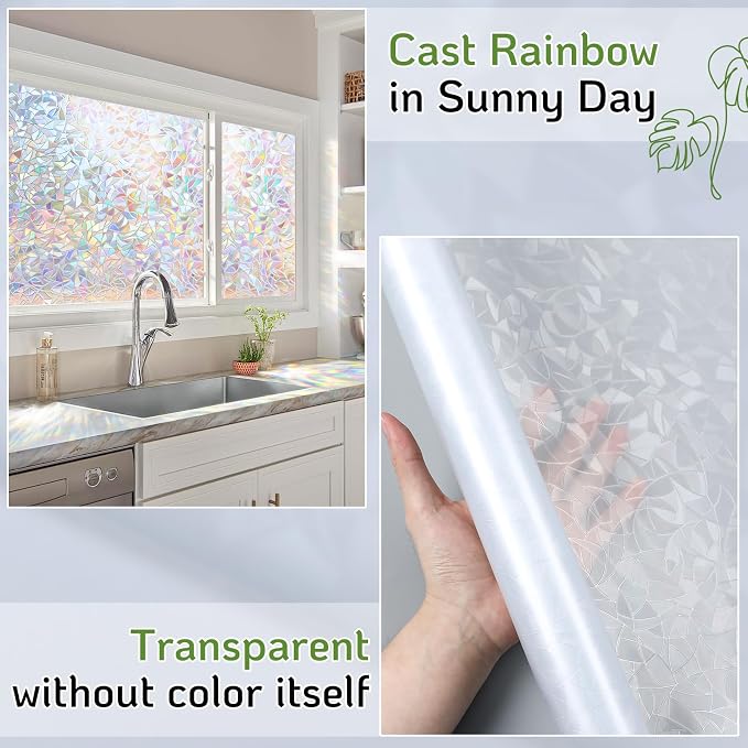 LUTE Rainbow Window Privacy Film, Stained Glass Cling, 35.4" x 78.7" | 3D - Image 3