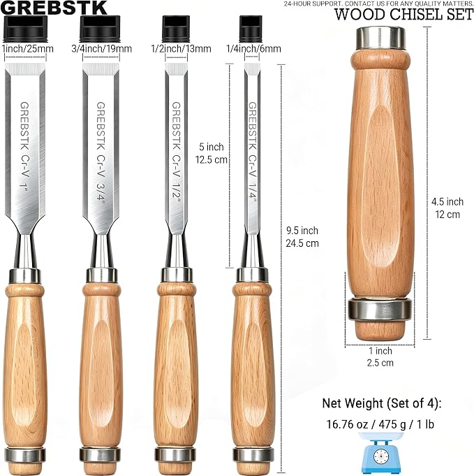 GREBSTK 4-Piece Ultra-Sharp Wood Chisel Set, CR-V Steel Beveled Blades - Image 2