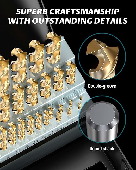 Lichamp 13-Piece HSS Drill Bit Set, Titanium Coating High-Speed Steel Drill Bits from 1/16" to 1/4" for Metal, Steel, Cast Iron and Plastic - Comes with Indexed Storage Case