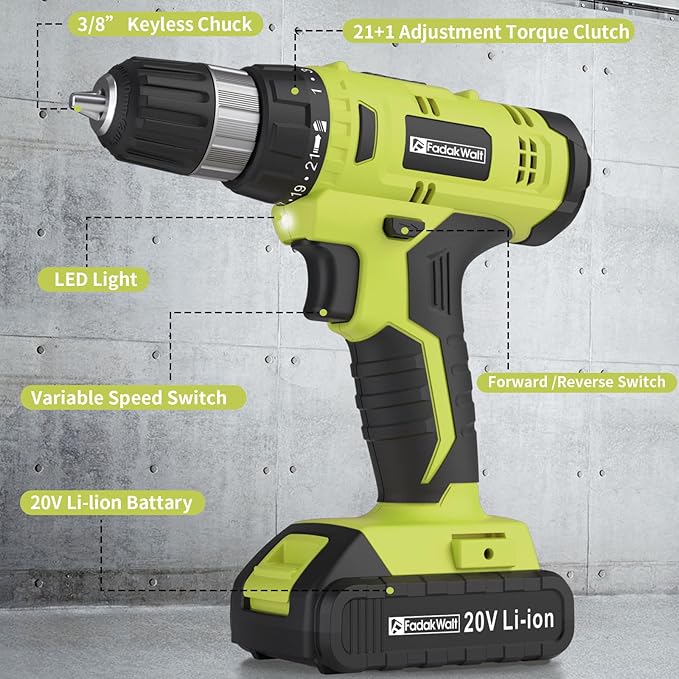 Cordless Drill Set, 20V Electric Power Drill with Battery And Charger, Torque 30N, 21+1 Torque Setting, 3/8-Inch Keyless Chuck, Drill Driver Bits Kit, with LED Electric Drill Set. （green)
