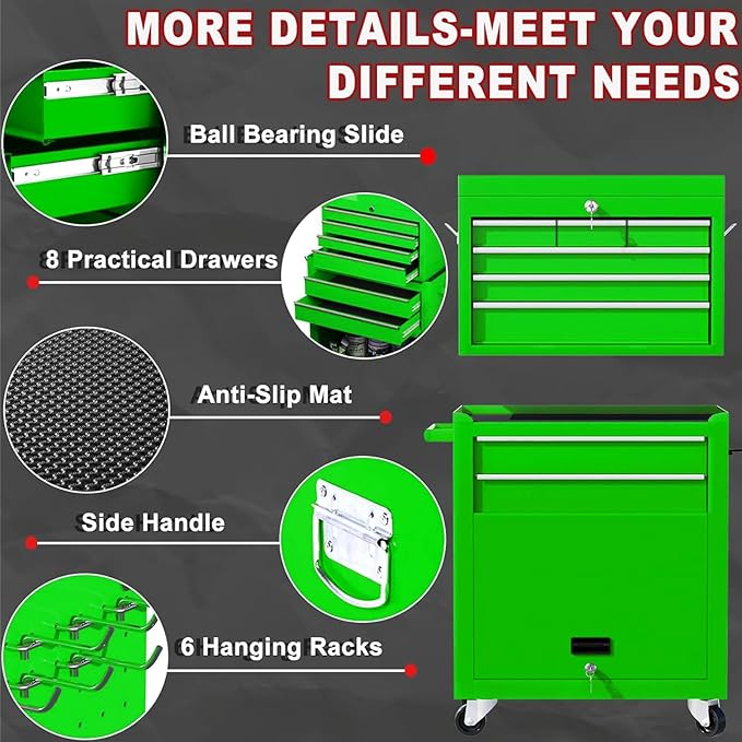 8-Drawer Rolling Tool Chest, 2-in-1 Tool Box Organizer with Lockable Wheels, Sliding Drawers, and Detachable Top, Garage Workshop Tool Storage Cabinet, Green