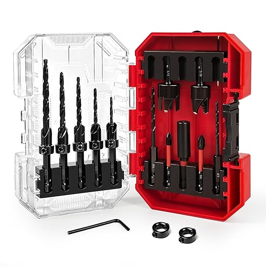 Countersink Drill Bits, 15 PCS Adjustable Tapered HSS Drill Bit Set for Woodworking, with Nitrided Surface, Wood Plug Cutters 1/4" Hex Shank Quick Change, for Wood Drilling with Storage Box