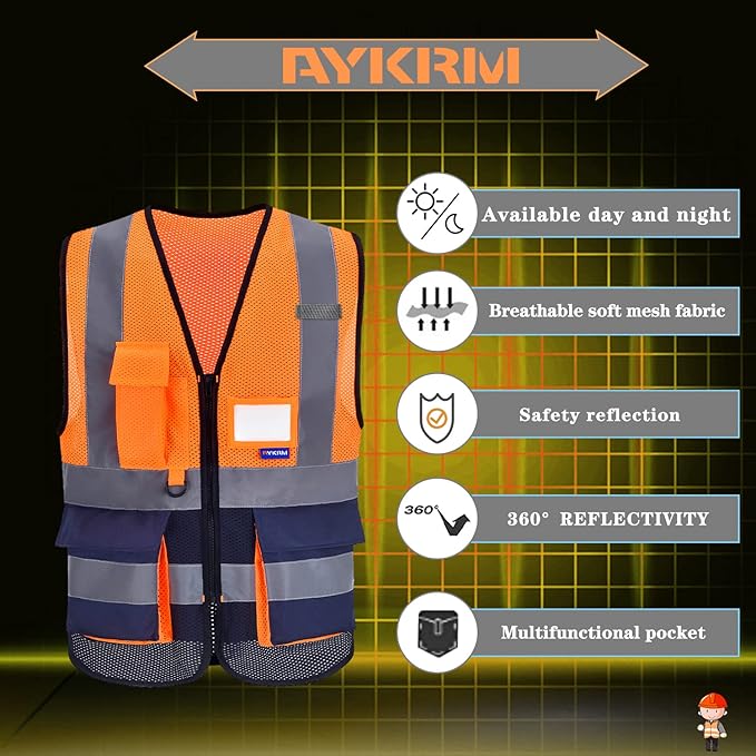 A-SAFETY High Visibility Mesh Safety Reflective Vest with Pockets and Zipper,Hi Vis Viz Reflective Safety Vest(Orange&Navy Mesh XL)