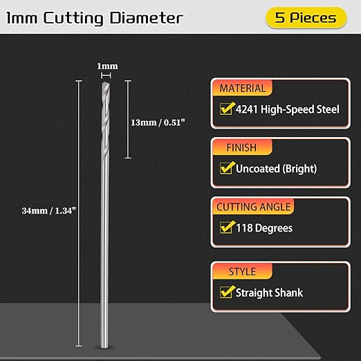 Drill Bit, 1mm Cutting Diameter, 4241 HSS 118° Cutting Angle Uncoated Bright Versatile Jobber Bits - (Applications: for Drilling Plastic Wood Soft Metal), 5-Pieces