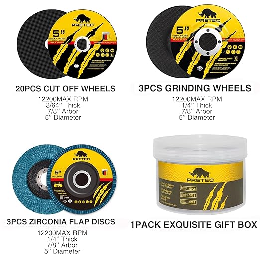 Grinding Cutting Wheels 5 inch Set - PRETEC 5" 20 Cut Off Wheels, 3 Grinding Wheels, and 3 Flap Discs for Angle Grinder Cutting and Grinding 5"x 1/24" x 7/8", 20+3+3 PCS, Brown