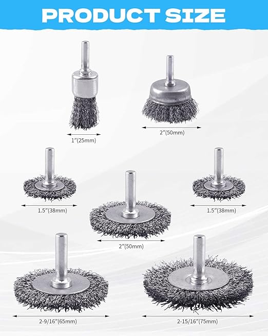 Rocaris 7-Pack Carbon Steel Wire Wheel Brush Set - Cup, Wheel, Pen Brushes with 1/4-Inch Round Shank for Rust Removal, Corrosion and Scrubbing Surfaces