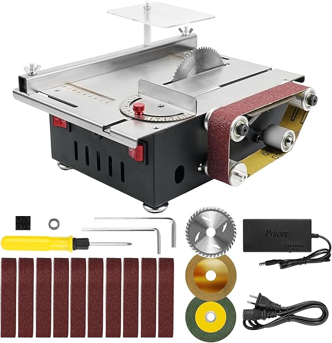 Mini Table Saw, 1.2x16.5in Multifunktional Small Table Saw With 10 Sanding Belts, 300W Dual Motor Control Belt Sander for Metal, Wood, Aluminum and Other Grinding and Cutting Tools