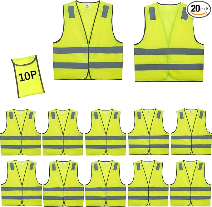 Safety Vests 20 Pack Bulk - Yellow Reflective High Visibility Construction ANSI Class 2 Work Vests for Men,Woman,Hi Vis Mesh and Neon Silver Strip