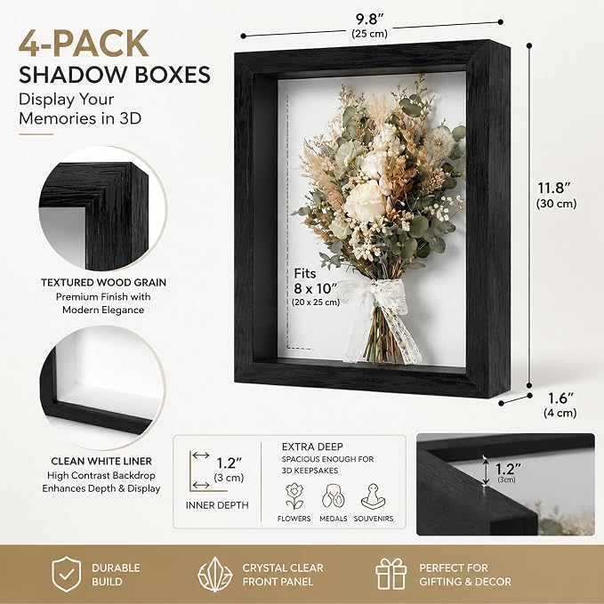 4 Pack 8x10Shadow Box Frame Set, Deep Wood Display Case - Image 2