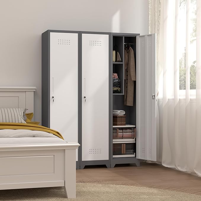 65" H Slim Broom Storage Cabinets, Metal Broom Closet with Hanging Rod & S-Hooks, Utility Cabinet for Brooms and Mops, Indoor Cleaning Storage Cabinet with Shelf for Bedroom, Bathroom, Garage