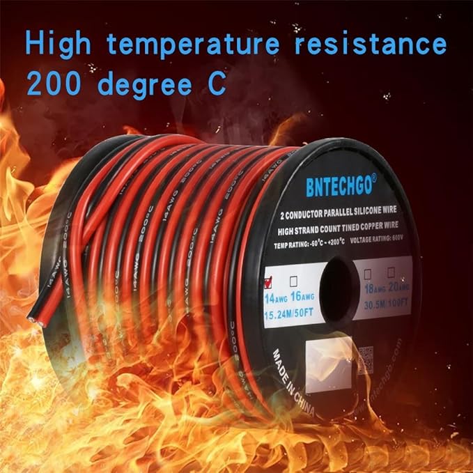 BNTECHGO 14 Gauge Flexible 2 Conductor Parallel Silicone Wire Spool Red Black High Resistant 200 deg C 600V for Single Color LED Strip Extension Cable Cord,Model,50ft Stranded Tinned Copper Wire