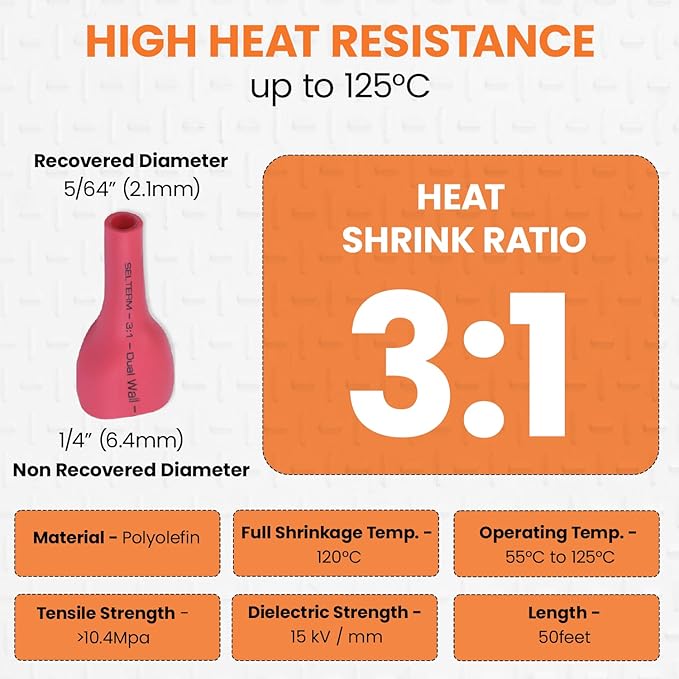 SELTERM 1/4" Red [50 Feet] Marine Grade Heat Shrink Tubing Roll, 3:1 Ratio Dual Wall Adhesive Lined Waterproof Heat Shrink Wrap Tube, for Battery Cable Lugs Wire Terminals Connectors