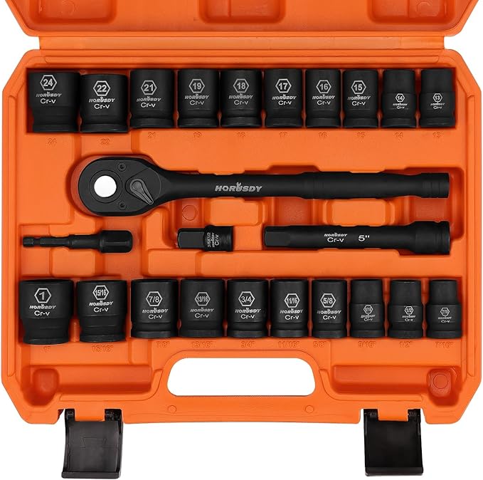 HORUSDY 1/2" Drive Shallow Impact Socket Set, 24-Piece SAE (7/16"-1") and Metric (13-24mm), 6 Point, Cr-V, Includes 1/2-Inch Drive Ratchet Handle, Drive Extension Bar