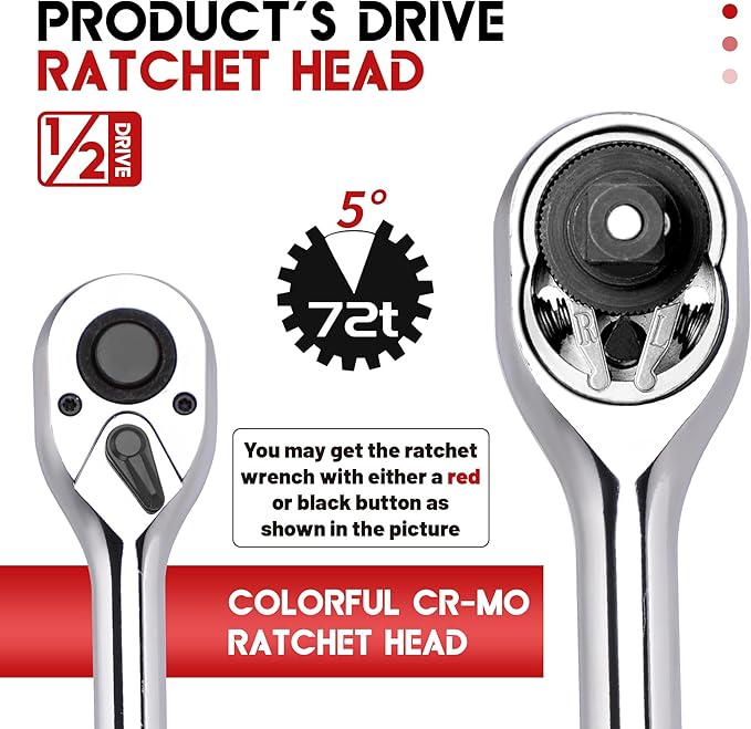 1/2-Inch Drive Ratchet Wrench, 1/2 Ratchet Wrench Long Handle, Socket Wrench, 72-Tooth Quick-release Reversible Cr-Mo Head, Chrome Steel Made - 24''61cm