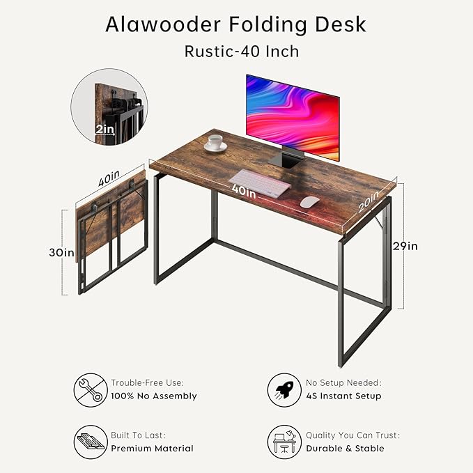 alawooder 39.4" Folding Desk: No Assembly, Wood Top - Image 5