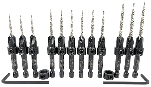 FTG USA Countersink Drill Bit Set for Wood with Tapered Drill Bit 3 Pc #4 (7/64"), 6 Pc #6 (9/64"), 3 Pc #8 (11/64")