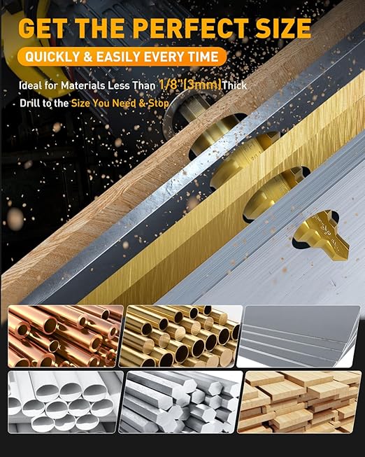 COMOWARE Step Drill Bit for Metal, Titanium Coated, Double Cutting Blades, High Speed Steel, Short Length Drill Bit, Total 10 Sizes from 1/4” to 1-3/8", for Steel Sheets Aluminum Copper Plastic Wood