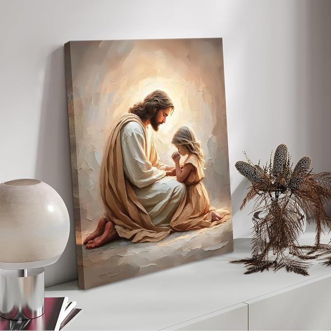 Jesus Praying with Girl Wall Art Canvas Print Jesus with Children Wall Decor - Image 6